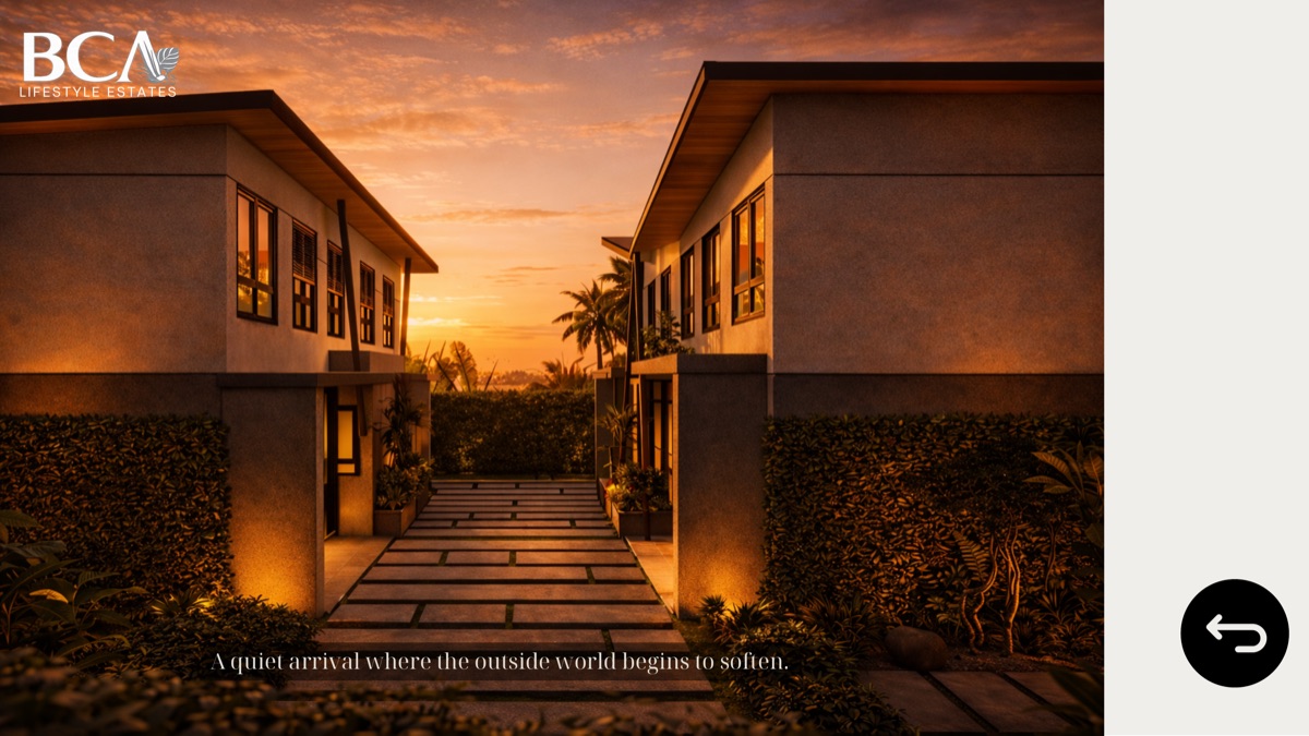 Villa arrival path at sunset